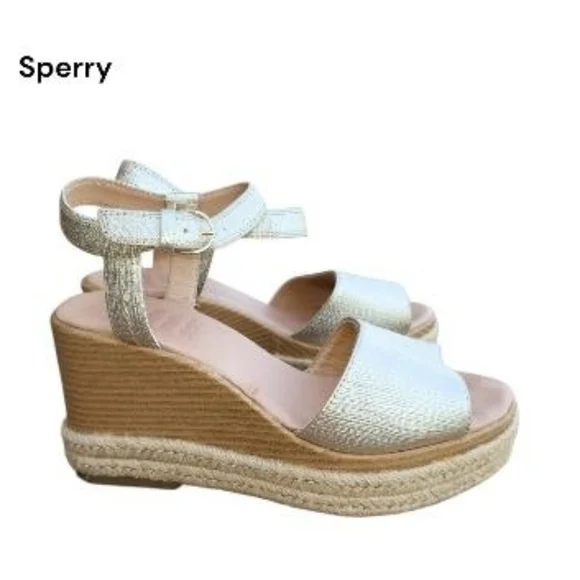 Sperry Topsider Plushwave Fairwater Metallic Gold Tan Leather Espadrille Wedge 9 - Picture 13 of 13